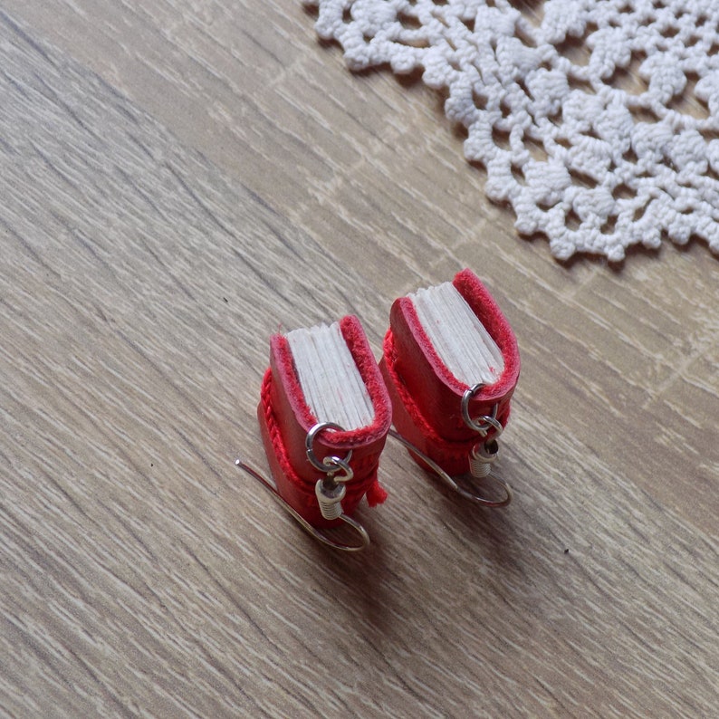 Miniature book charm jewelry Dark academia jewelry Book lovers teacher writer gift Cottagecore books Scarlet leather tiny book earrings