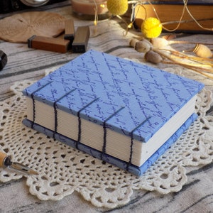 Couverture en tissu A7 Journal copte, carnet de croquis épais bleu, petit carnet de voyage, journal pour citations, papier kraft blanc, livre blanc fait main