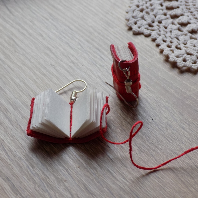 Miniature book charm jewelry Dark academia jewelry Book lovers teacher writer gift Cottagecore books Scarlet leather tiny book earrings