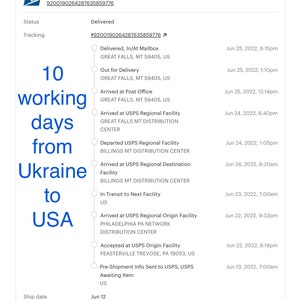 May include: A tracking status update for a package shipped from Ukraine to the USA via USPS. The package was shipped on June 12th and arrived on June 25th, taking 10 working days. The tracking number is #9200190264287635859776.