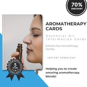 May include: A woman is smelling a bottle of essential oil. The image is for a digital download of aromatherapy cards with essential oil information. The text on the image says "Aromatherapy Cards", "Essential Oil Information Cards", "Enhance Your Aromatherapy Journey", "Instant Download", and "Helping you to create amazing aromatherapy blends!"