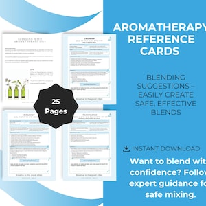 Op de afbeelding: Aromatherapie referentiekaarten met mengsuggesties. De afbeelding toont verschillende pagina's met informatie over essentiële oliën, waaronder lavendel, bergamot en wierook. De tekst zegt "25 pagina's" en "Direct downloaden".
