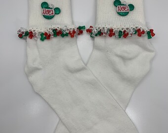 Noel Mickey Mouse Socks*Christmas Socks*Beaded Crochet Girl Socks*Gift for Her