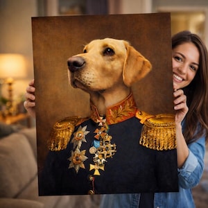 May include: A canvas print showing a golden Labrador Retriever in a military uniform. The dog is wearing a dark blue jacket with gold epaulettes, medals, and a high collar. The background is a warm brown, reminiscent of an old painting.