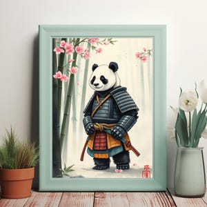 Panda samurái con armadura rodeado de bambú y flores de cerezo - Impresión digital para descarga instantánea