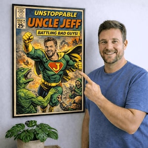 May include: Framed comic book art titled "Unstoppable Uncle Jeff" featuring a superhero in a green and yellow costume battling monsters and villains. The artwork has a vintage comic book style with bold colors and text.
