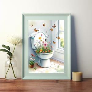 Impresión artística de baño con acuarela, ilustración floral de inodoro, decoración de pared botánica en tonos pastel, descarga digital.