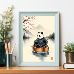 Panda con atuendo tradicional flotando en aguas tranquilas con flores de cerezo: arte digital caprichoso para decorar paredes.