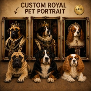 Puede incluir: Un servicio de retrato real personalizado para mascotas con tres pinturas enmarcadas de perros vestidos con atuendos reales, exhibidas sobre tres perros reales: un mastín leonado, un boyero de Berna tricolor y un spaniel Cavalier King Charles marrón y blanco.
