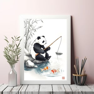 Panda tranquilo pescando en aguas tranquilas: arte digital con un encantador estilo de dibujos animados para decorar paredes y descargar al instante.