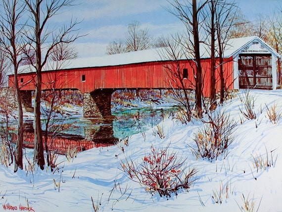 Mint VINTAGE Set of Four INDIANA Covered Bridge ART PRINTS W Harold Hancock