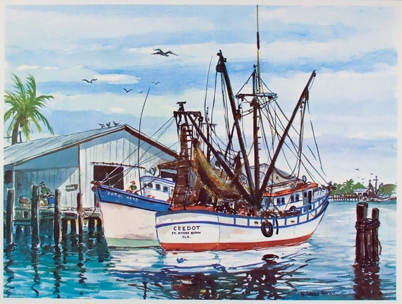 HAROLD HANCOCK LARGE Vintage SHRIMP BOATS Art Print FLORIDA Fort Myers Harbor W