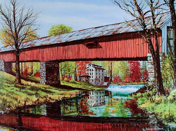 Mint VINTAGE Set of Four INDIANA Covered Bridge ART PRINTS W Harold Hancock