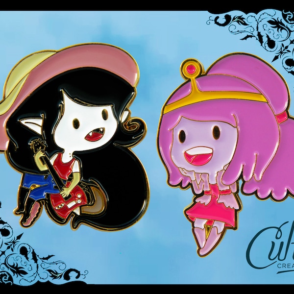 Adventure Time Marceline, Princess Bubblegum metal & enamel pins / pin badges set of two.