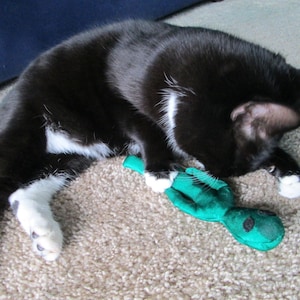 May include: A black and white cat playing with a green alien-shaped stuffed toy on a beige carpet.
