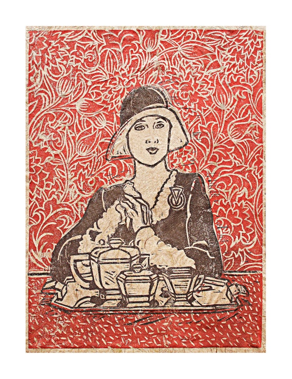 Archival print of linocut "Paris Cafe" 8.5"x11" image size- 7"x 9.5"on Cold Press Natural acid free paper.
