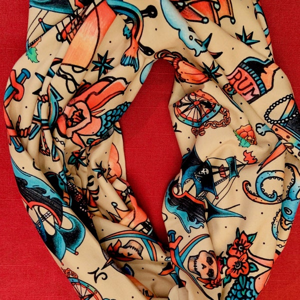 Ship Ahoy pattern infinity scarf made from modern jersey fabric 56" circumference