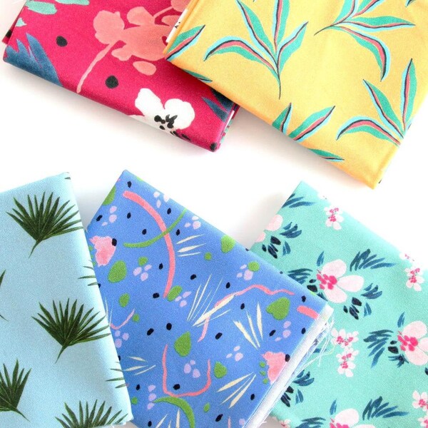 Modern tropical botanical fabric bundle | cotton fat quarter bundle | Urban Jungle from PBS Fabrics | pink blue yellow