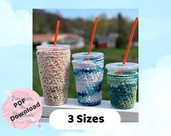 Crochet Iced Coffee Cozy Pattern | Reusable Drink Sleeve | 3 Sizes (PDF Download)