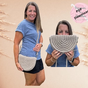 May include: A beige, semi-circular crochet crossbody bag with a textured, ribbed pattern and a matching crochet strap. The bag is shown in two views, one worn at the hip and one held up to the face. A pink circular graphic reads PDF Download.