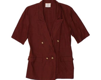 VINTAGE Womens Double Breasted Blazer Jacket UK 14 Medium Maroon Linen