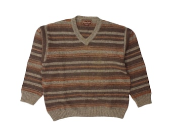 Marlboro Classics Herren V-Ausschnitt Pullover Pullover XL Braun gestreift Wolle