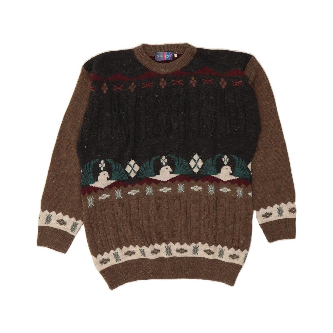 Maglione girocollo da uomo vintage, taglia IT 54 XL, marrone, in acrilico color block