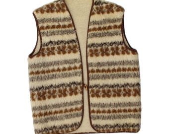 VINTAGE Womens Faux Fur Gilet UK 16 Large Beige Fair Isle