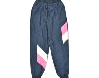 Vintage womens tracksuit trousers joggers UK 8 small navy blue nylon
