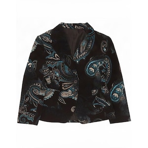 May include: A black blazer featuring a prominent paisley pattern in shades of teal, light blue, and white. The garment has a notched lapel, long sleeves, and a two-button front closure. The fabric has a soft, velvet-like texture throughout.