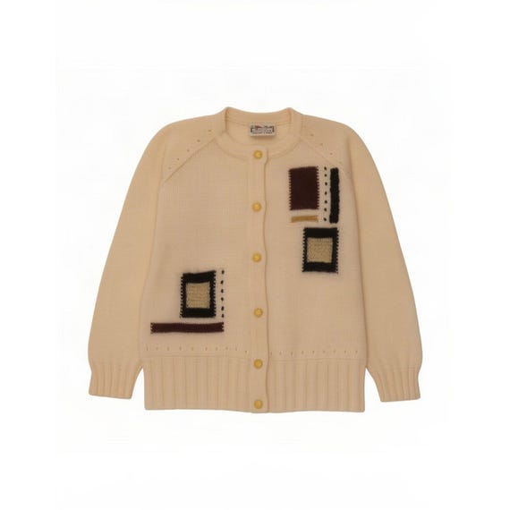 Vintage Womens Cardigan Sweater UK 12 Medium Beige Geometric Mohair