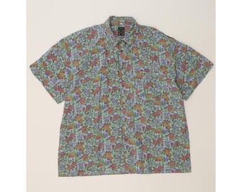 Vintage Herren Kurzarmhemd XL blau geblümte Baumwolle