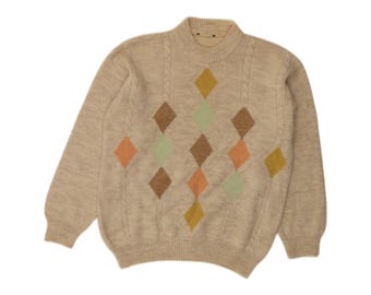 Vintage mens crew neck jumper sweater medium beige argyle/diamond