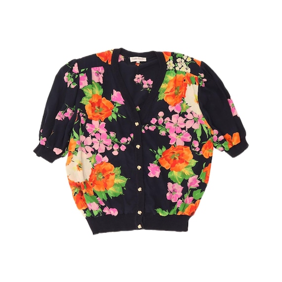 Vintage Womens Short Sleeve Cardigan Top IT 46 Large Navy Blue Floral