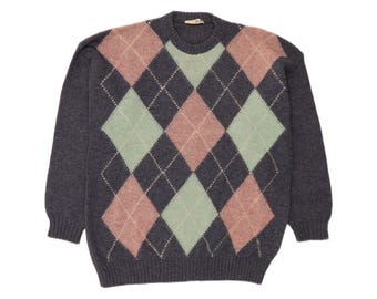 Jersey vintage de cuello redondo para hombre, talla grande, azul, con estampado de rombos y diamantes.