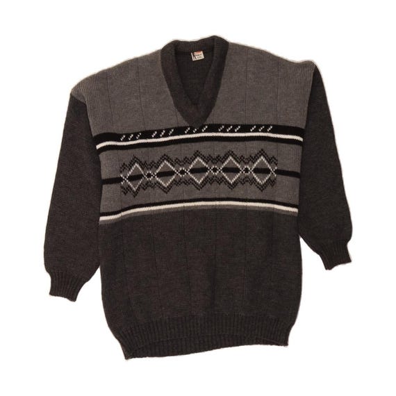 VINTAGE Mens V-Neck Jumper Sweater XL Grey Argyle/Diamond Wool