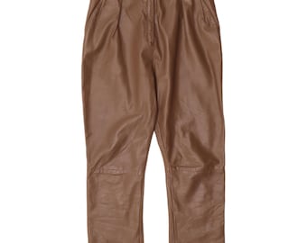 Pantalones de cuero vintage de cintura alta para mujer, talla W26, L24, color marrón.