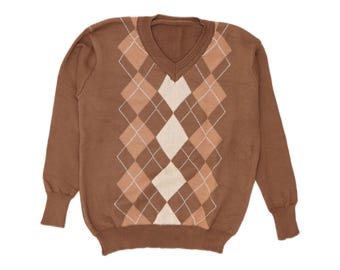 Jersey de mujer vintage con cuello en V, talla grande, color marrón, estampado de rombos/argitos, poliéster.