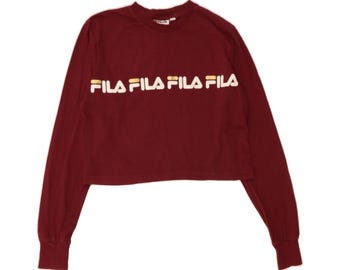 FILA Damen Crop Top, figurbetontes Oberteil, lange Ärmel, bordeauxfarbene Baumwolle
