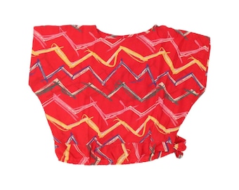 VINTAGE Womens Loose Fit Crop Top UK 14 Large Red Geometric