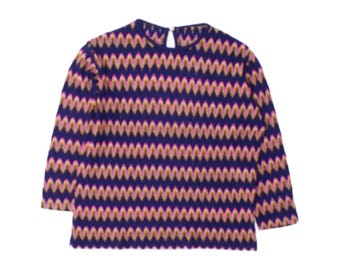 Blusa vintage de manga larga para mujer, talla UK 12 (mediana), estampado de chevrón multicolor.