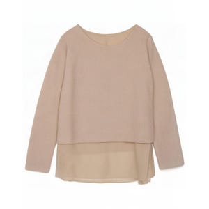 May include: A long-sleeved beige top featuring a textured, knit-like upper section and a smooth, layered hemline. The garment has a round neckline and a two-tone appearance, with the top portion in a slightly darker shade than the bottom layer.
