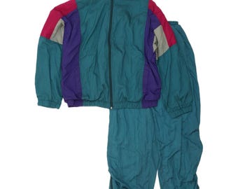 Chándal completo vintage para hombre, corte holgado, talla IT 48/50, azul medio, bloques de color.