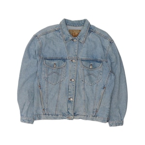 May include: A light blue denim jacket featuring a classic collar, a front button closure with metallic buttons, and two chest pockets with buttoned flaps. The jacket has long sleeves with buttoned cuffs and vertical seam detailing throughout.