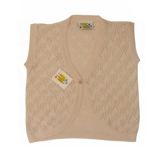 Vintage Womens Sleeveless Cardigan Sweater UK 18 XL Beige Acrylic
