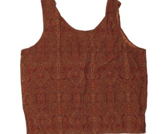 Top cropped vintage feminino sem mangas, tamanho 14 médio (UK), marrom com estampa paisley em viscose.