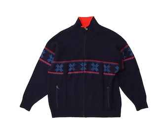 Cardigã masculino vintage tamanho grande azul marinho com estampa Fair Isle