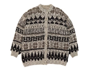 Vintage Womens Cardigan Sweater UK 20 2XL Grey Geometric