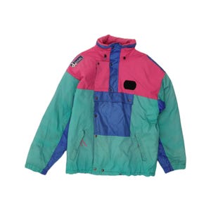 May include: A color-blocked winter jacket featuring a high collar, long sleeves, and a front zipper closure. The design incorporates panels of bright pink, teal, and blue. A rectangular patch with the text DIVAL is on the upper right chest.