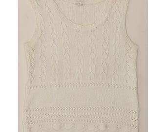 Camiseta de punto vintage para mujer, talla 12 (mediana), color blanco, algodón.